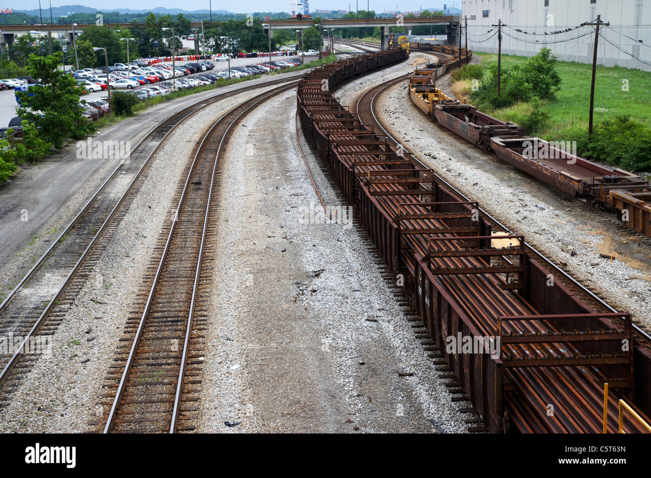 empty freight cars on railroad tracks in downtown Nashville Tennessee USA Stock Photo