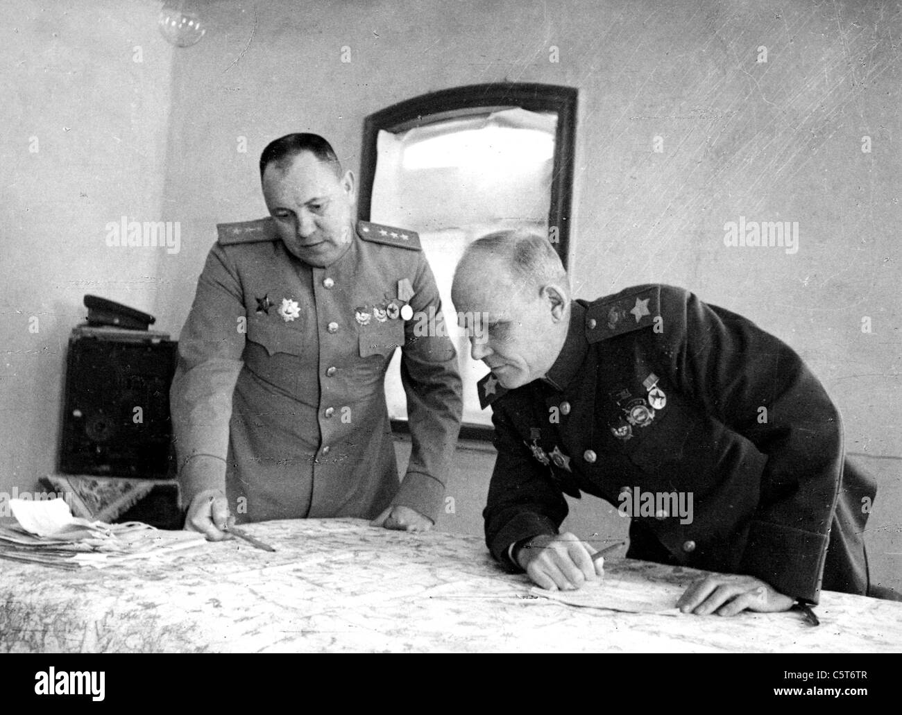 IVAN KONEV (1897-1973) Soviet military commander at right with his Chief of Staff General  Aleksei Zakharov Stock Photo