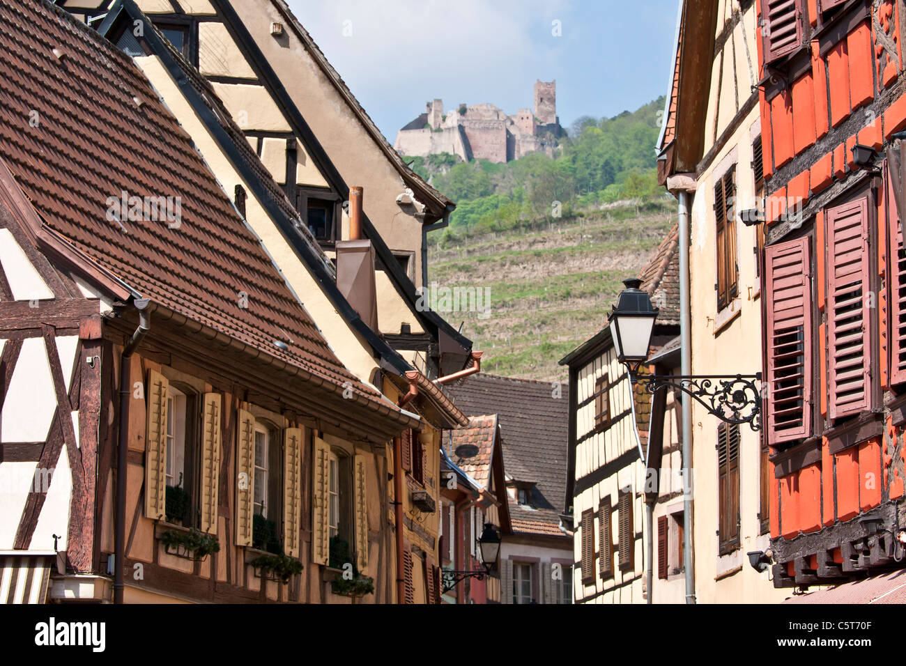 France, Alsace, RibeauvillÃ©, View of frame houses Stock Photo