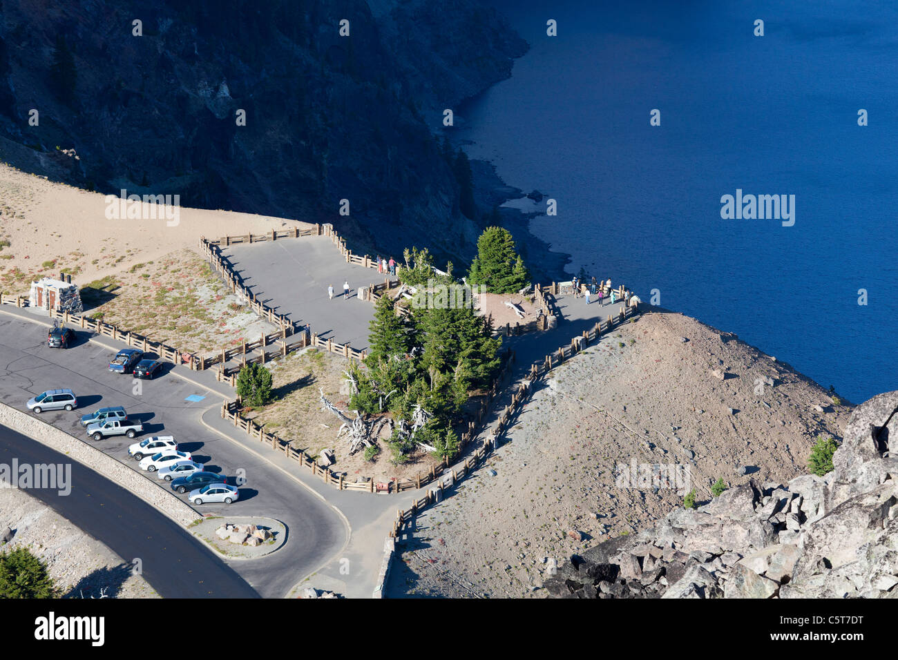 Car park and viewing area at Crater lake Oregon USA from the Watchman peak. Stock Photo