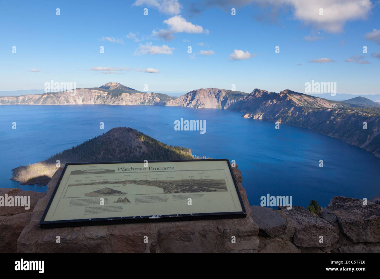 Information board at a lookout over Crater Lake Oregon USA Stock Photo