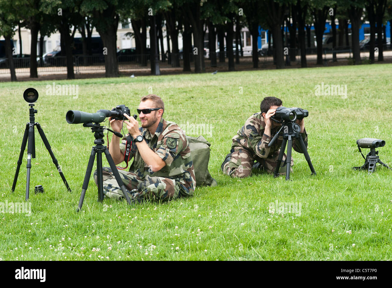 Paris, France - French soldiers demonstrating the use of night vision cameras and binoculars. Stock Photo