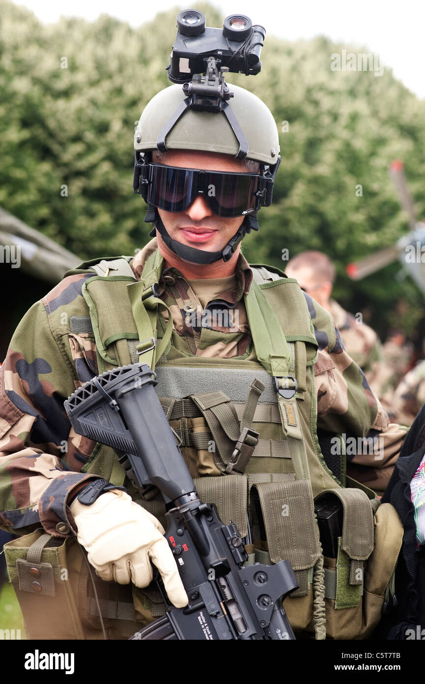 Paris, France - French soldier demonstrating the use of  night vision military equipment Stock Photo