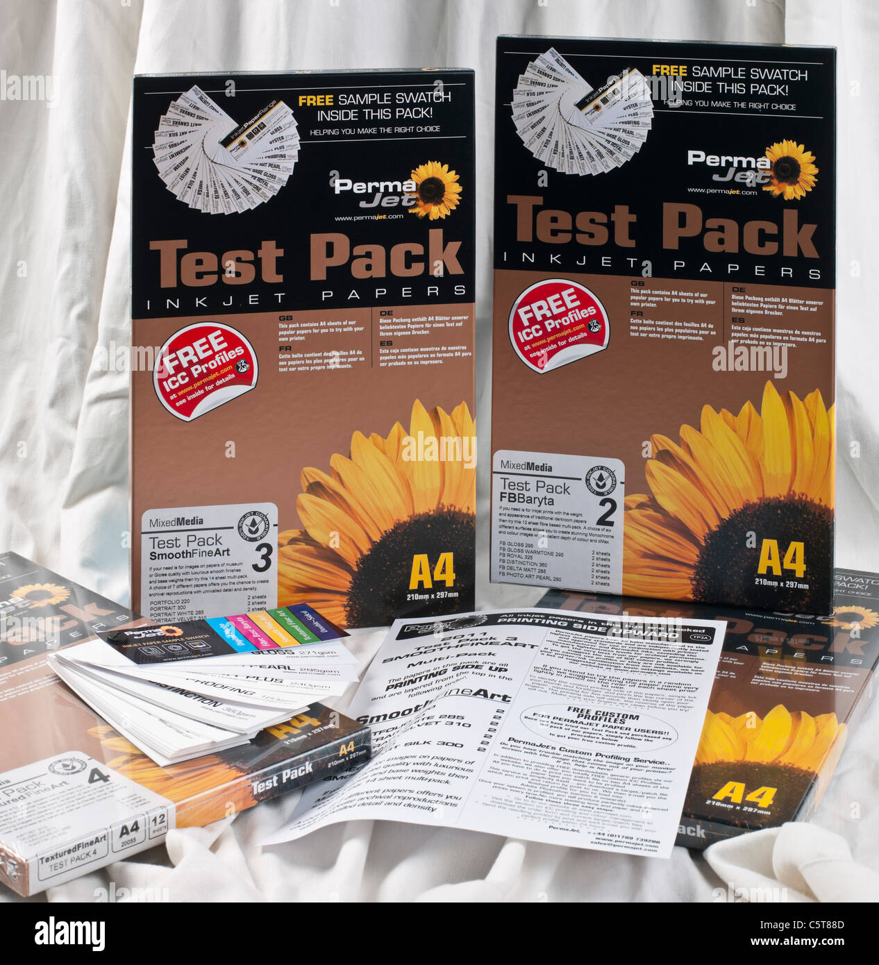 Permajet trial inkjet paper packs, UK, with paper surface swatches Stock Photo