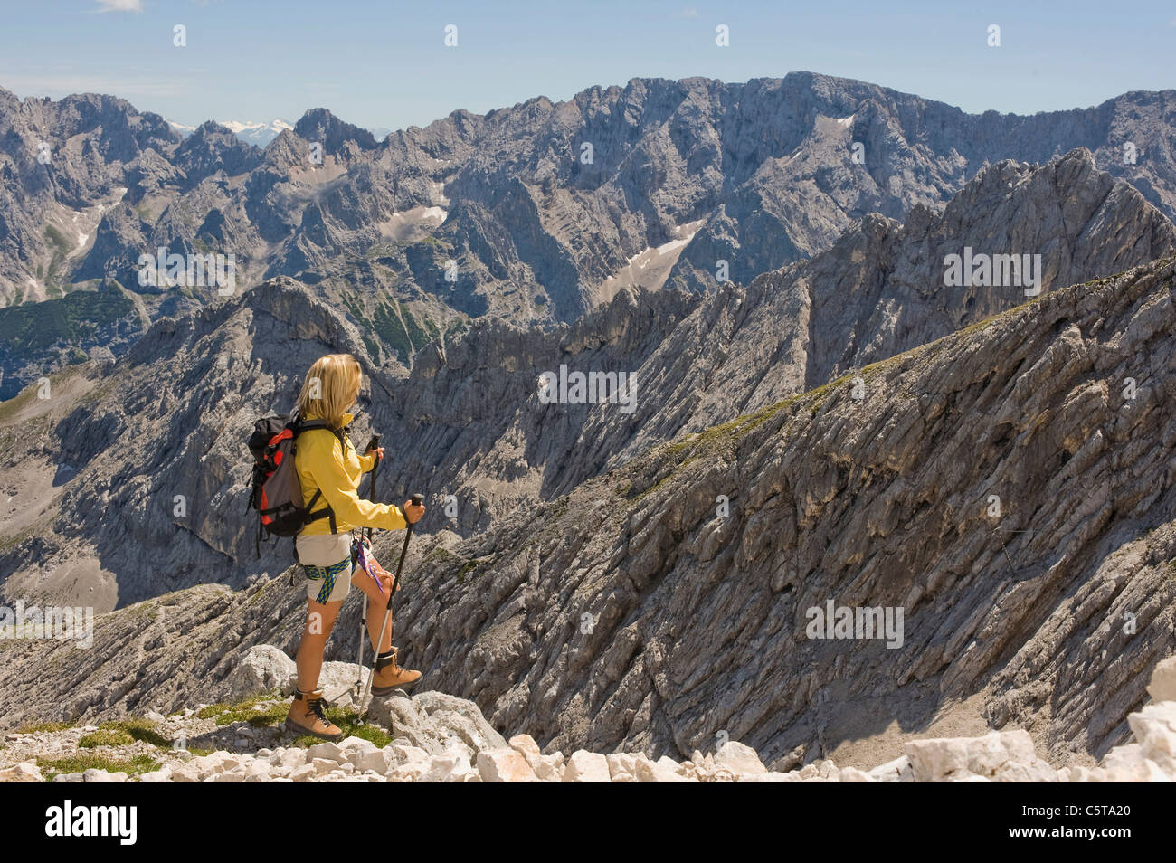 Germany, GarmischPartenkirchen, Alpspitz, Female hiker hiking Stock