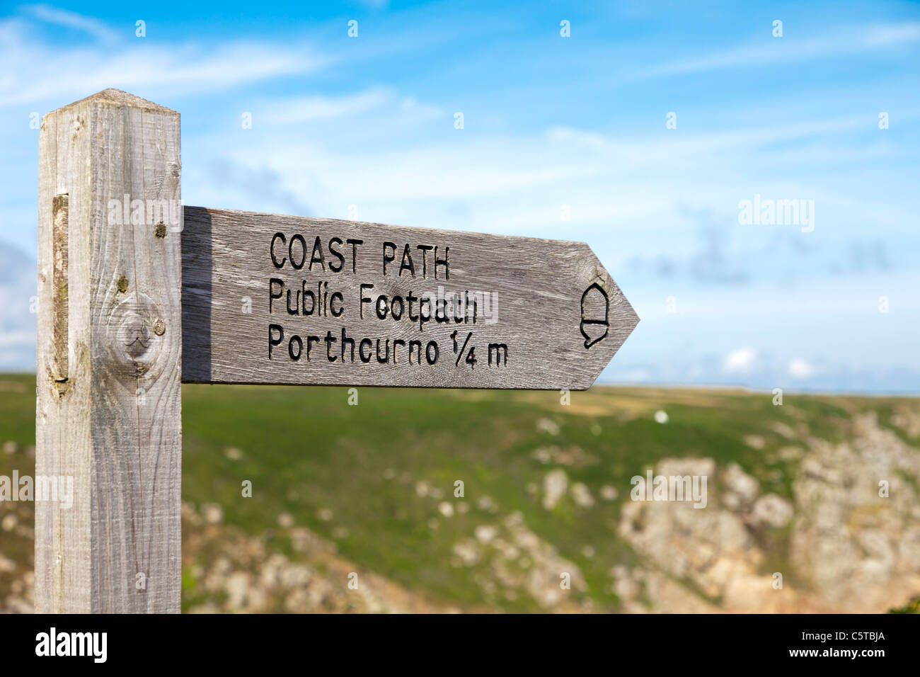 Coastal path signpost in Cornwall near Porthcurno Stock Photo - Alamy