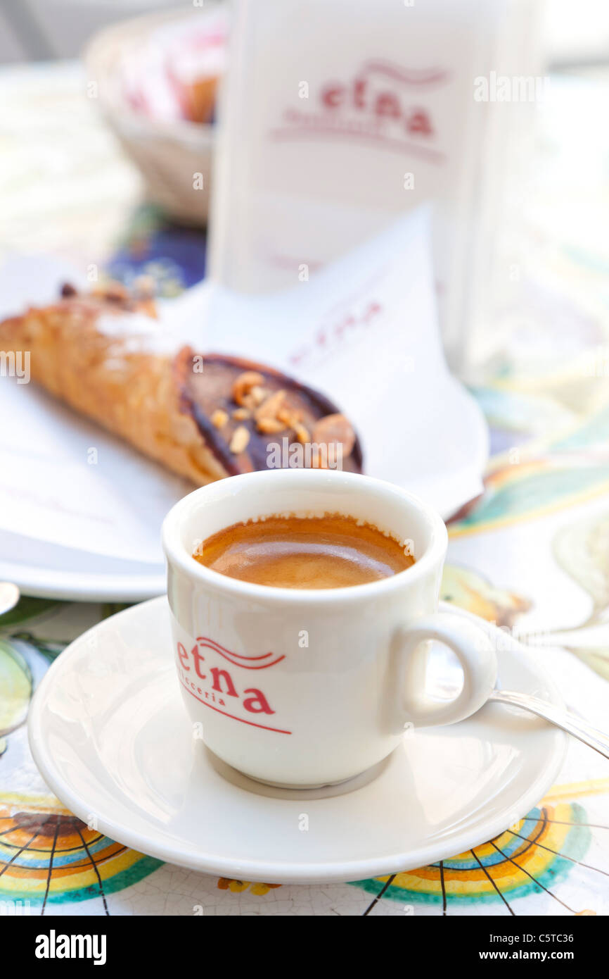Espresso coffee Etna and cannoli in Taormina Sicily Italy Stock Photo
