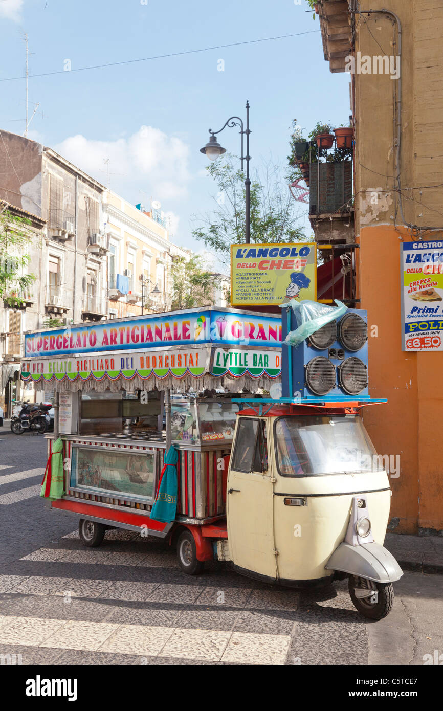 Piaggio Ape mini van selling gelato in CataniaItaly Stock Photo