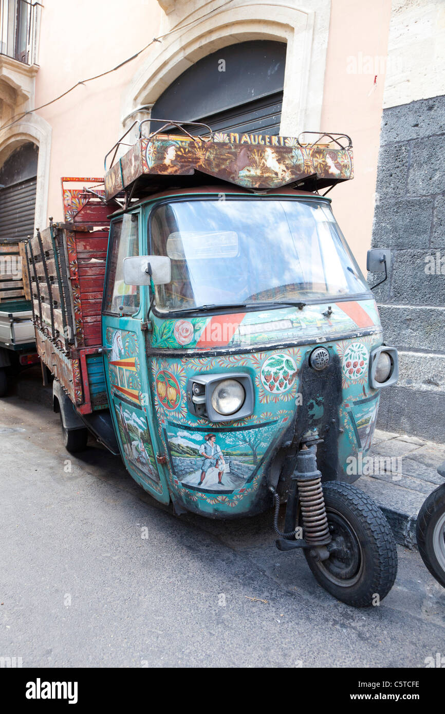 Tradionally decorated Piaggio Ape mini van in Catania Sicily Stock Photo