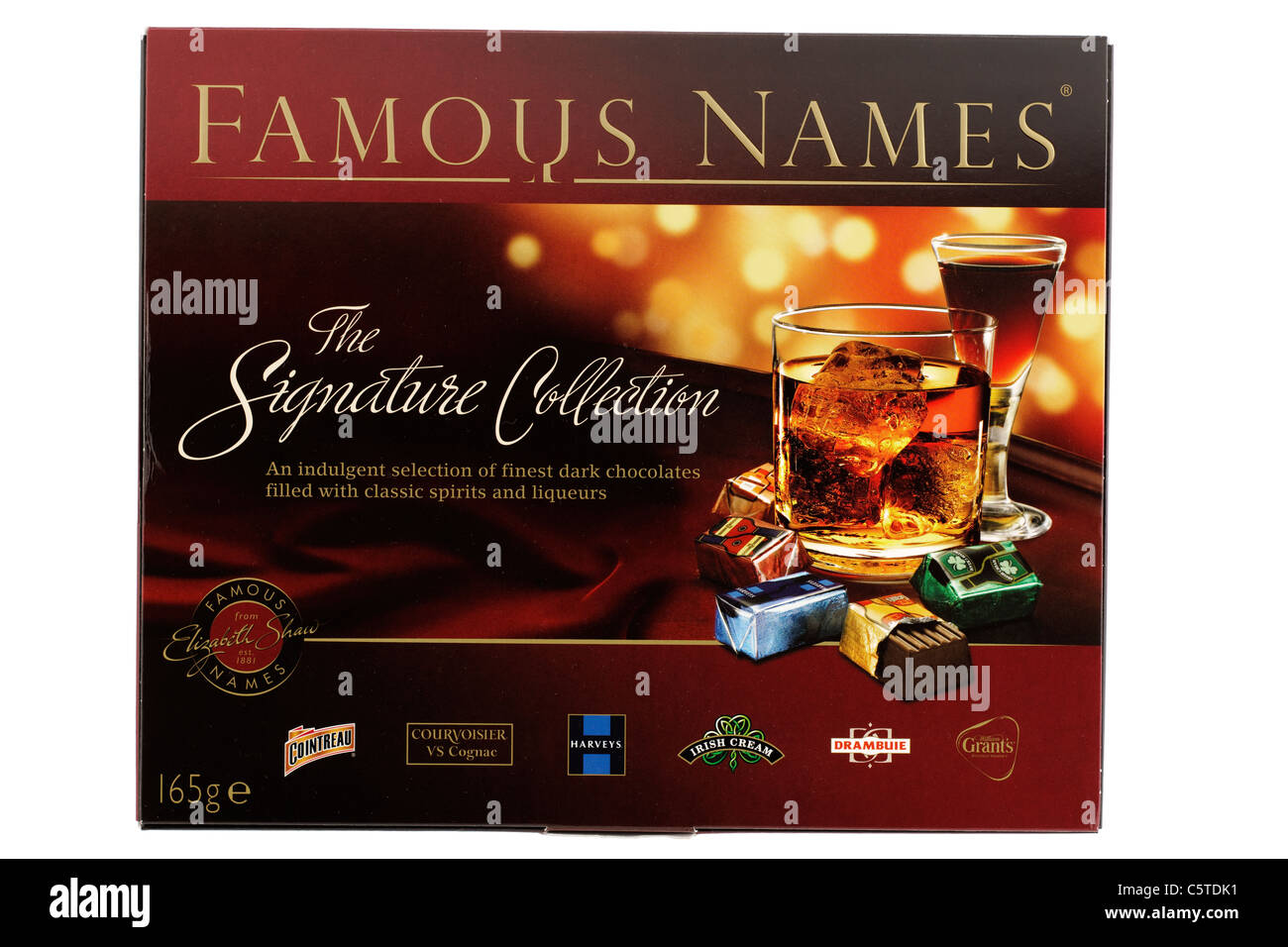 Box of Famous Names The Signature Collection dark chocolates filled with classic spirits and liqueurs. Stock Photo