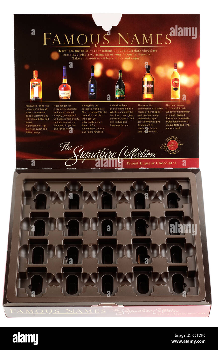 Opened empty box of Famous Names The Signature Collection dark chocolates filled with classic spirits and liqueurs. Stock Photo