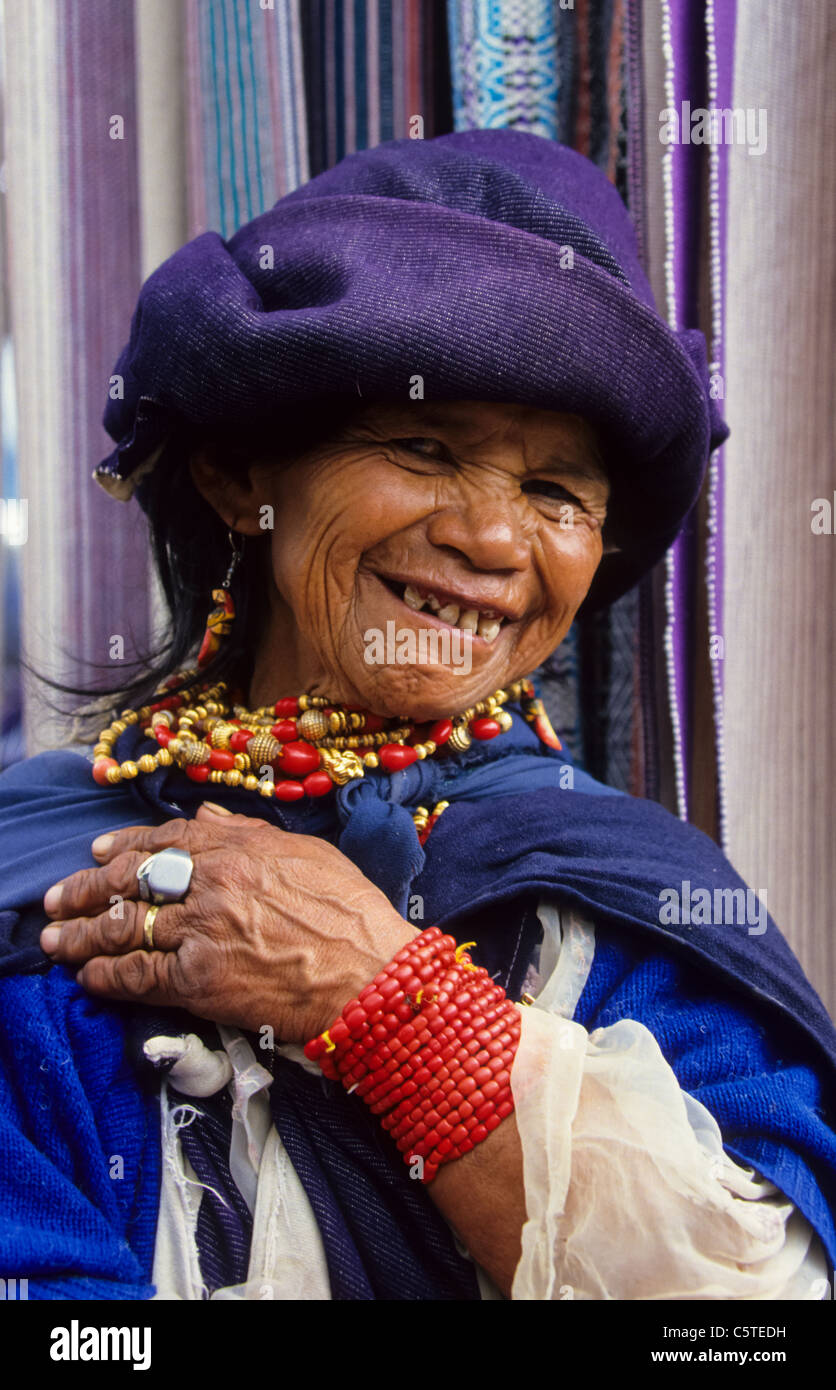 Charming old indian woman portrait at the Otavallo market in Equador Stock Photo