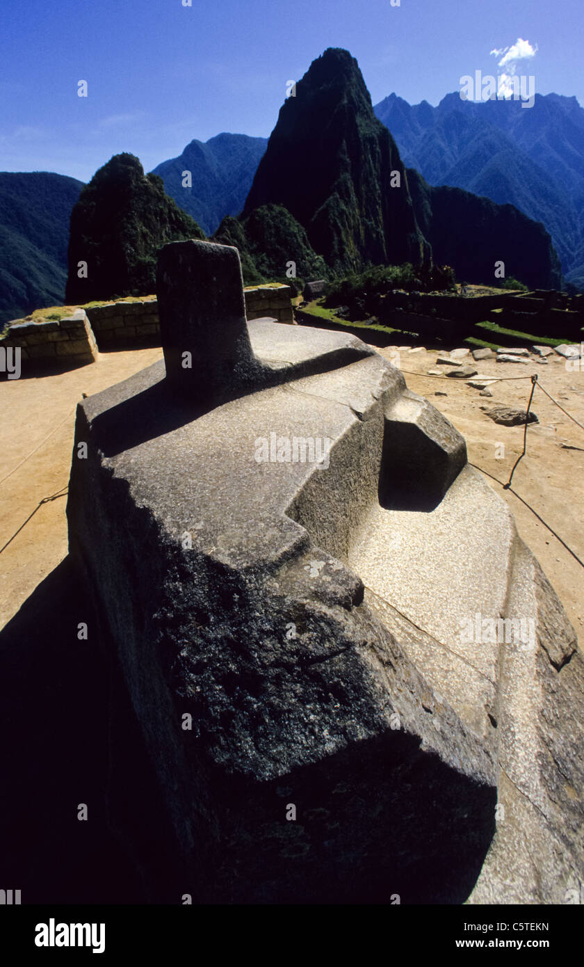 Inka sun watch or stone calendar at Machu Picchu. shows when to seed the fields Stock Photo
