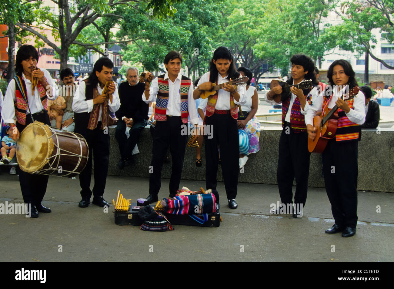 A group of musicians playing andean traditional indian music in Caracas Stock Photo