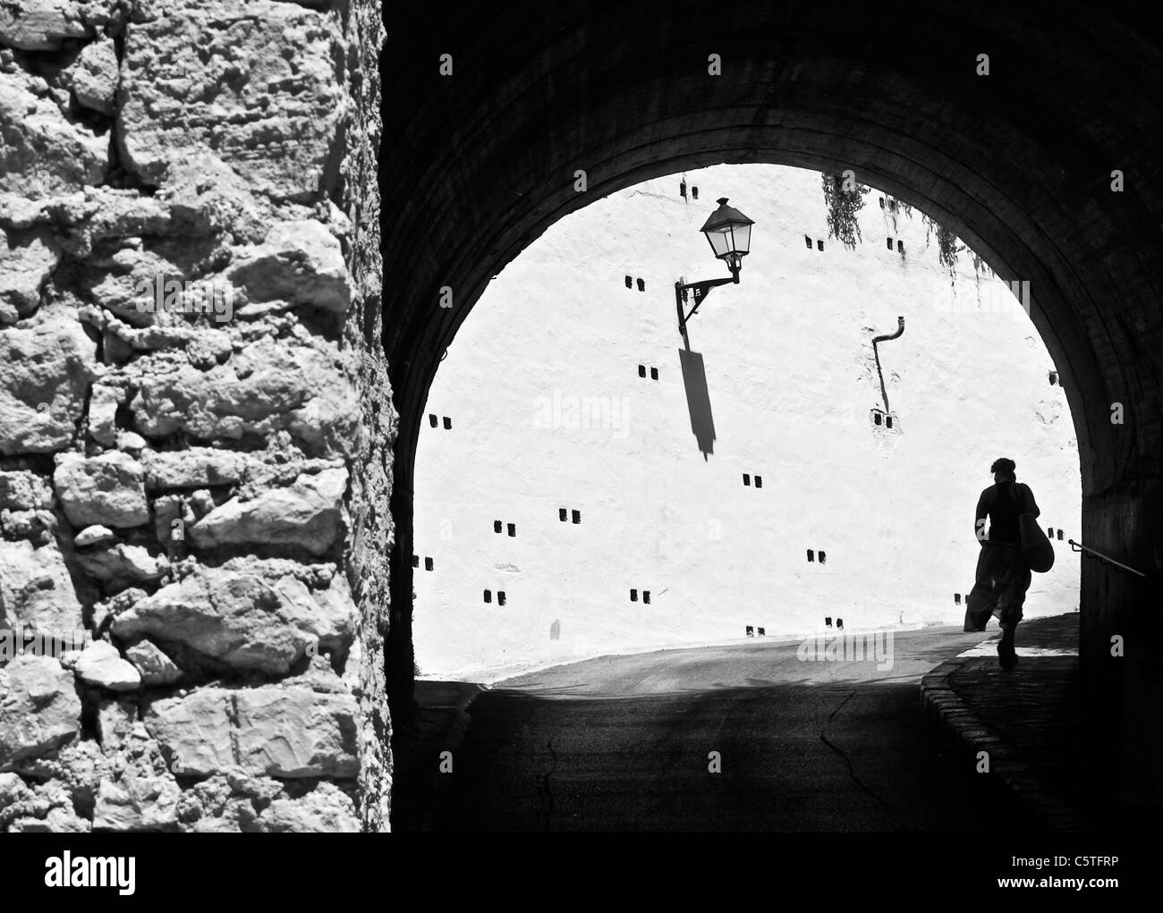 Ibiza, Balearics, Spain - Eivissa city, old gate in the Dalt Vila city walls, Portal de Sant Joan. Monochrome. Stock Photo