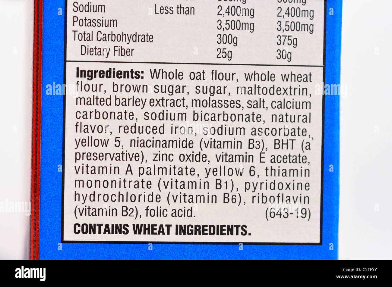Ingredients list on cereal box Stock Photo