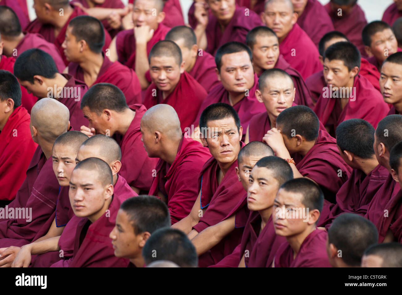 Yellow Hat Sect Tibetan Buddhist monks gather for evening prayers, Longwu Monastery, Tongren, Qinghai Province, China Stock Photo