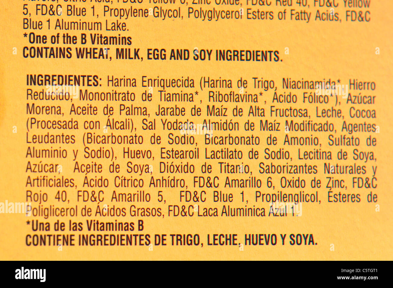 Ingredients list in Spanish on food package Stock Photo