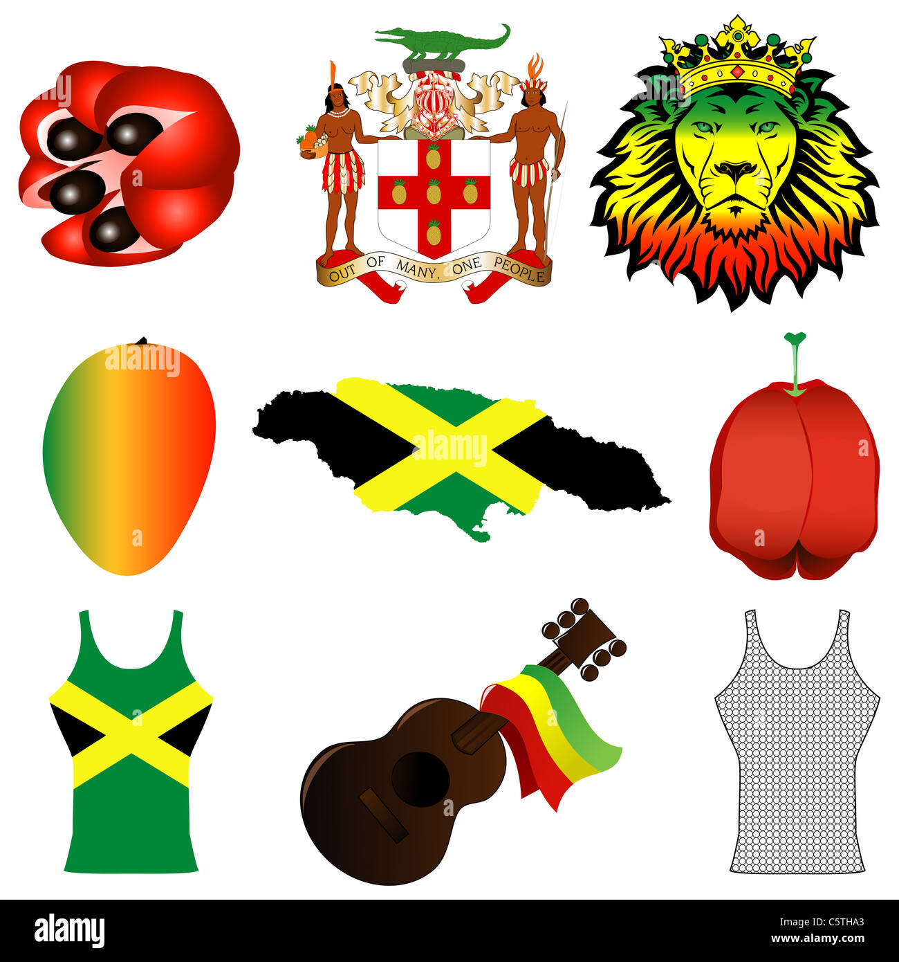 Vector Illustration of 9 different Jamaican icons. Stock Photo