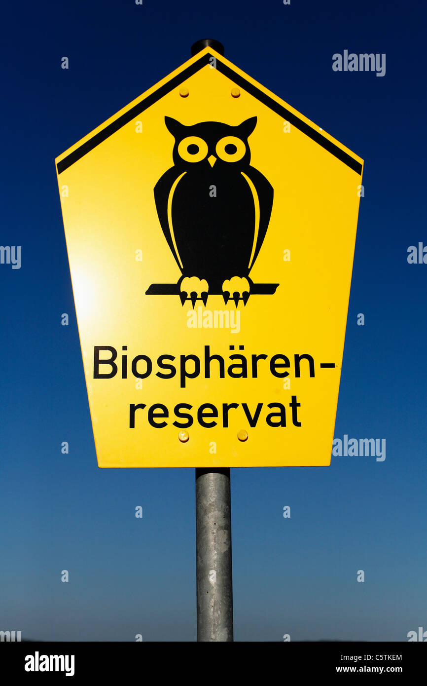 Germany, Thuringia, Rhoen, Text biosphere reserver on sign board, close up Stock Photo