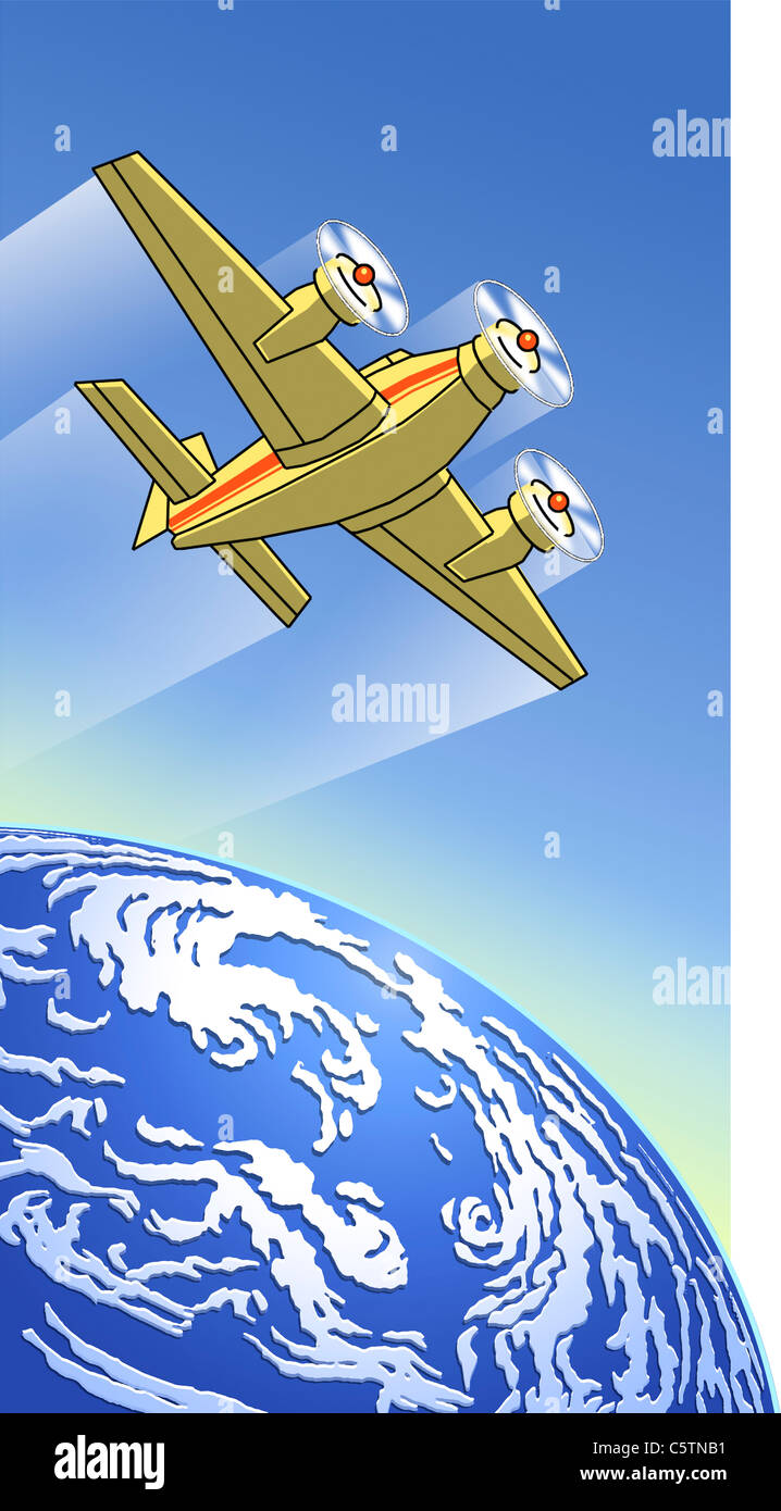 Illustration, Propeller plane flying against blue sky Stock Photo - Alamy