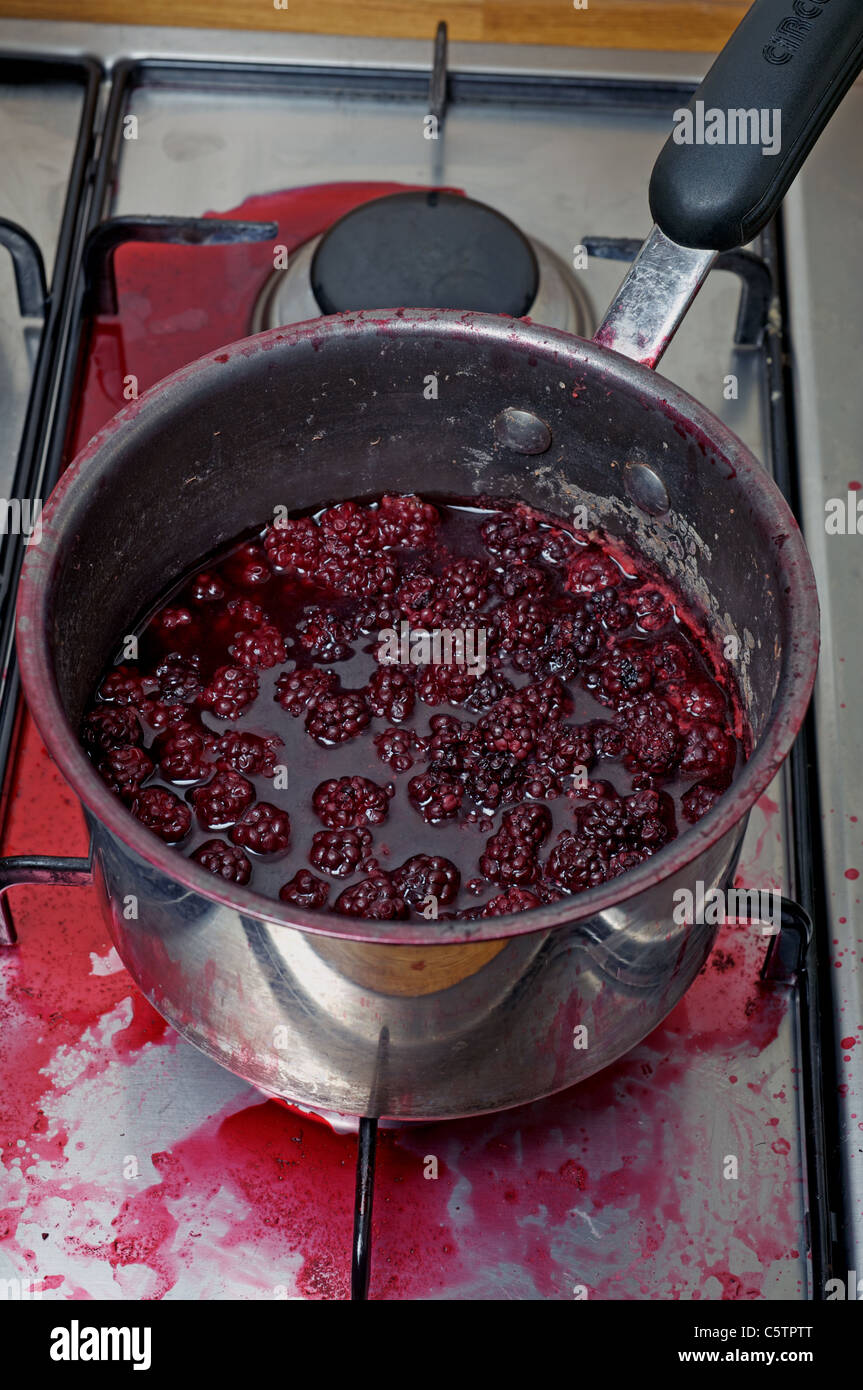Blackberries which have boiled over on gas hob Stock Photo Alamy