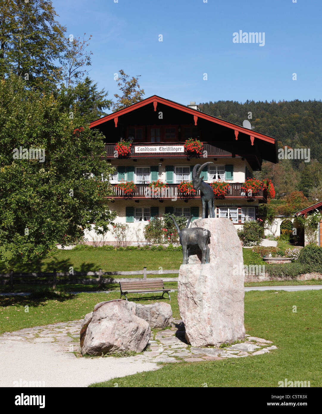 Germany, Bavaria, Upper Bavaria, Berchtesgaden Land, Koenigssee lake, Schoenau, Landhaus Christlieger ibex sculpture on rock Stock Photo