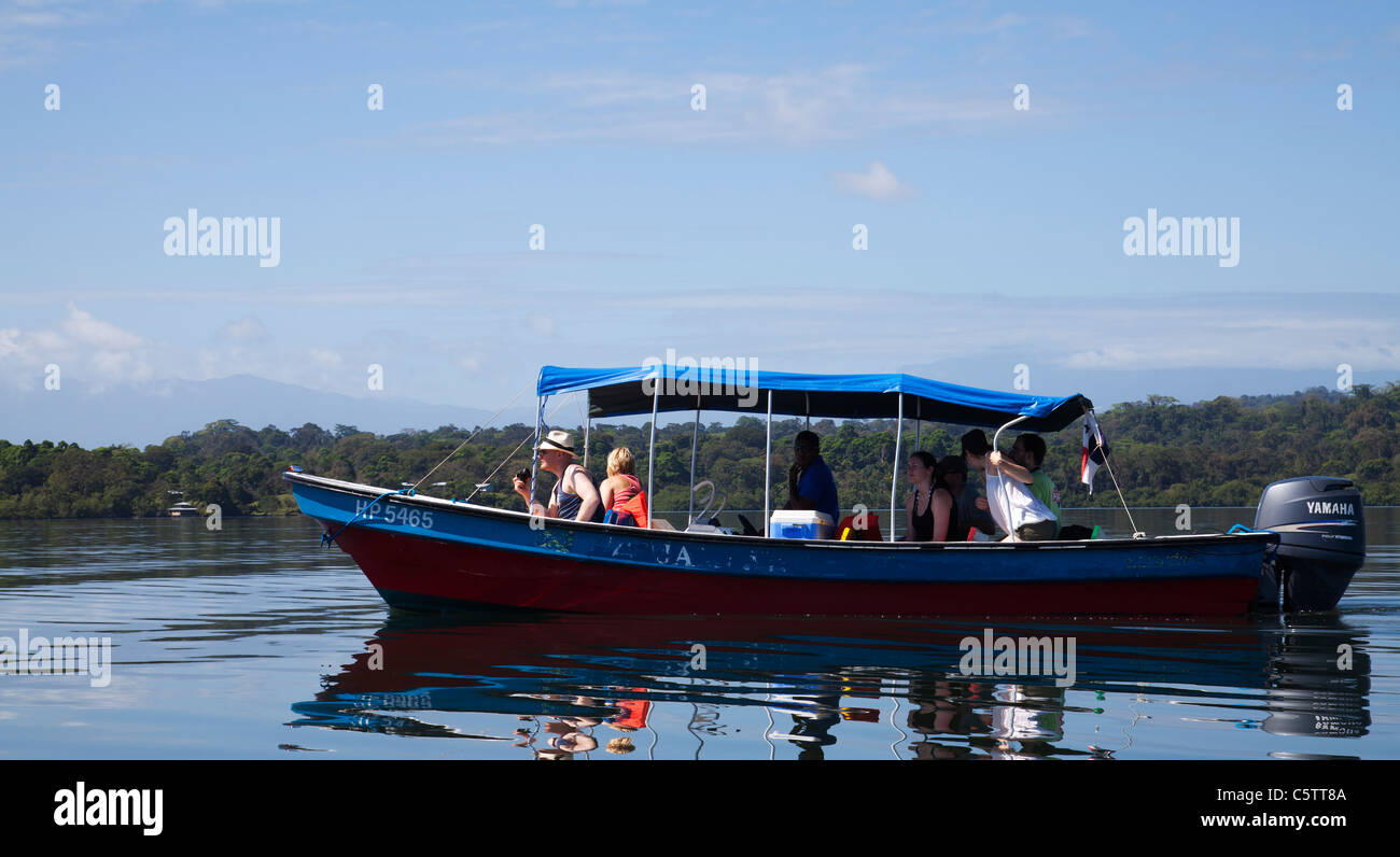 Tourists on Boat Tour in the Bocas del Toro Archipelago with view of Mangrove forest . Stock Photo