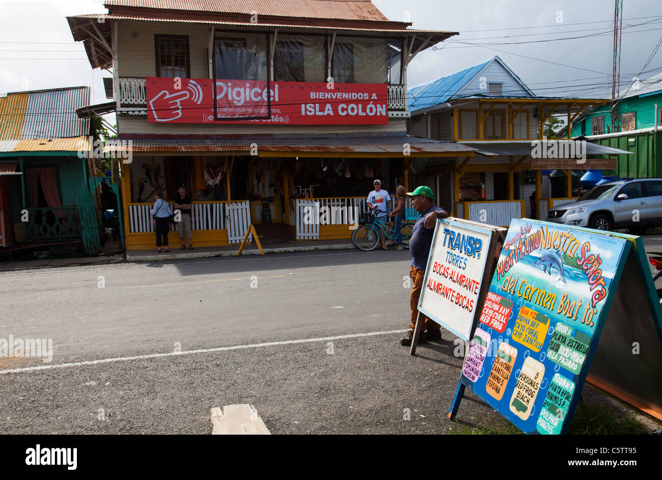 Signboards advertising boat trips and other excursions at Bocas del Toro Panama. Stock Photo