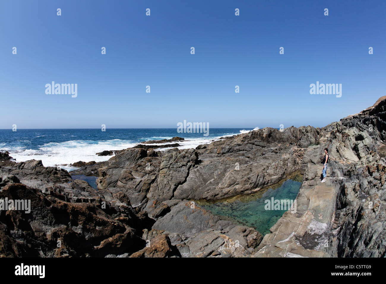 Spain, Canary Islands, Fuerteventura, Aguas Verdes, Rockpool coast in playa del valle Stock Photo