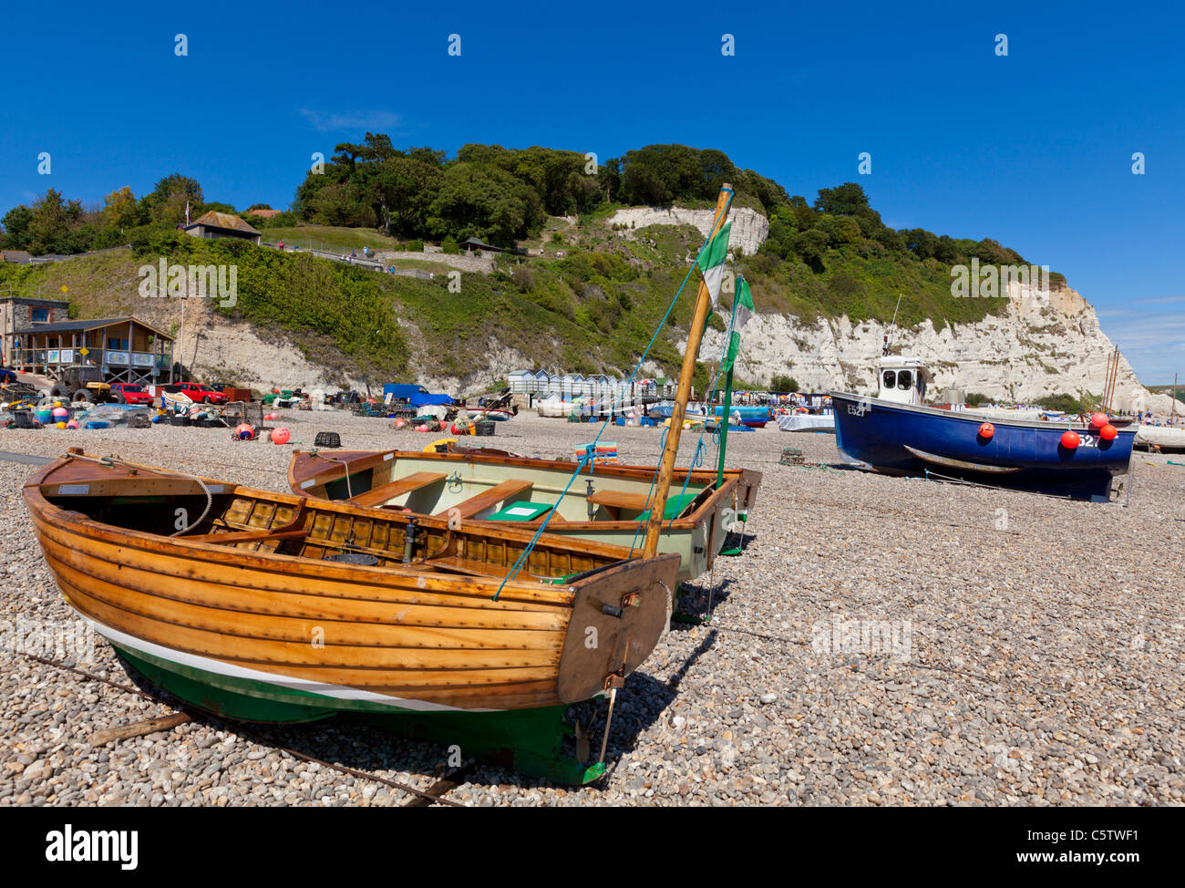 Fishing boats and tackle equipment on Beer beach Devon ...