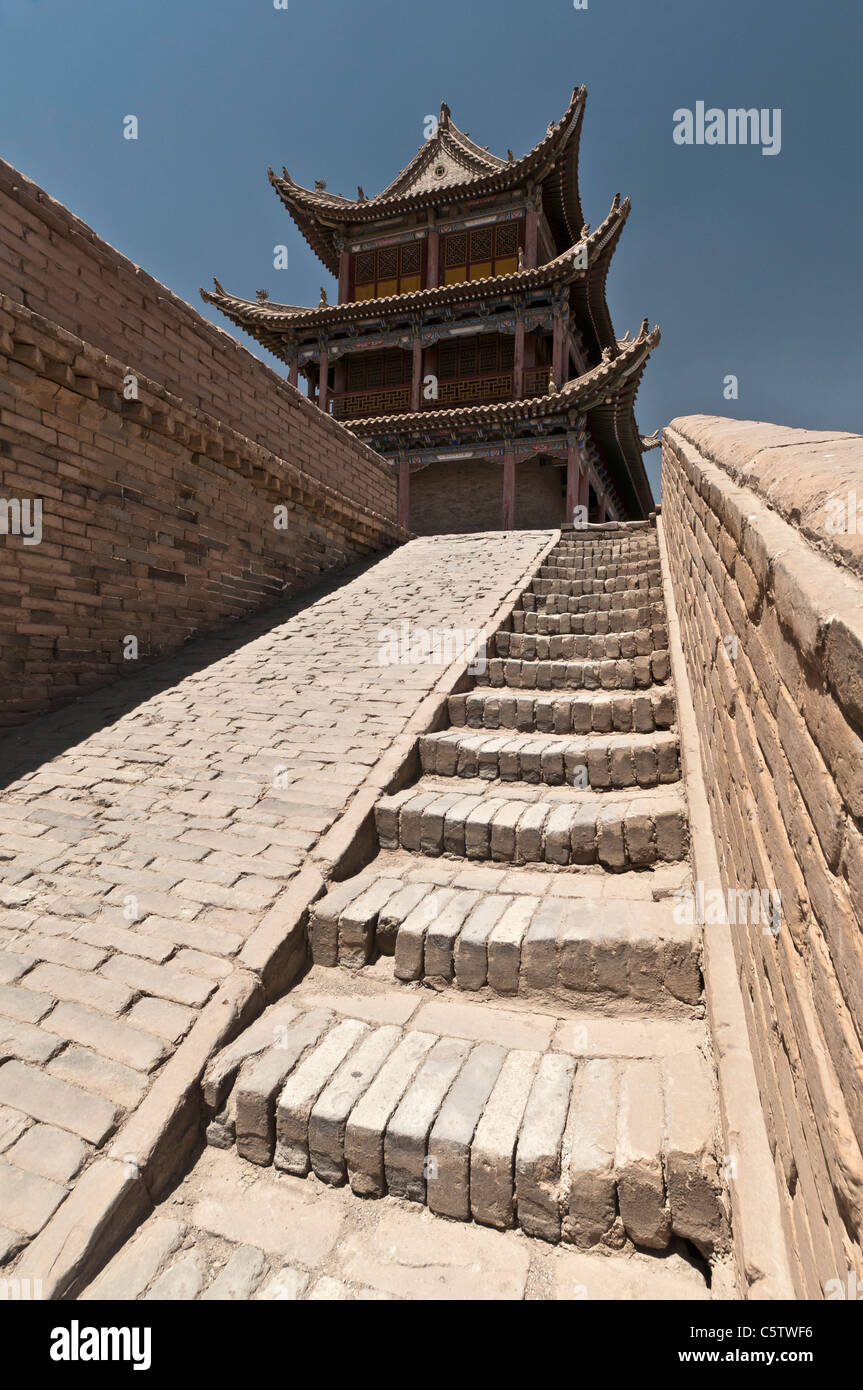 Stone steps lead to top of rammed earth walls at Jiayuguan Fort, part of Great Wall of China, Jiayuguan, Gansu Province, China Stock Photo