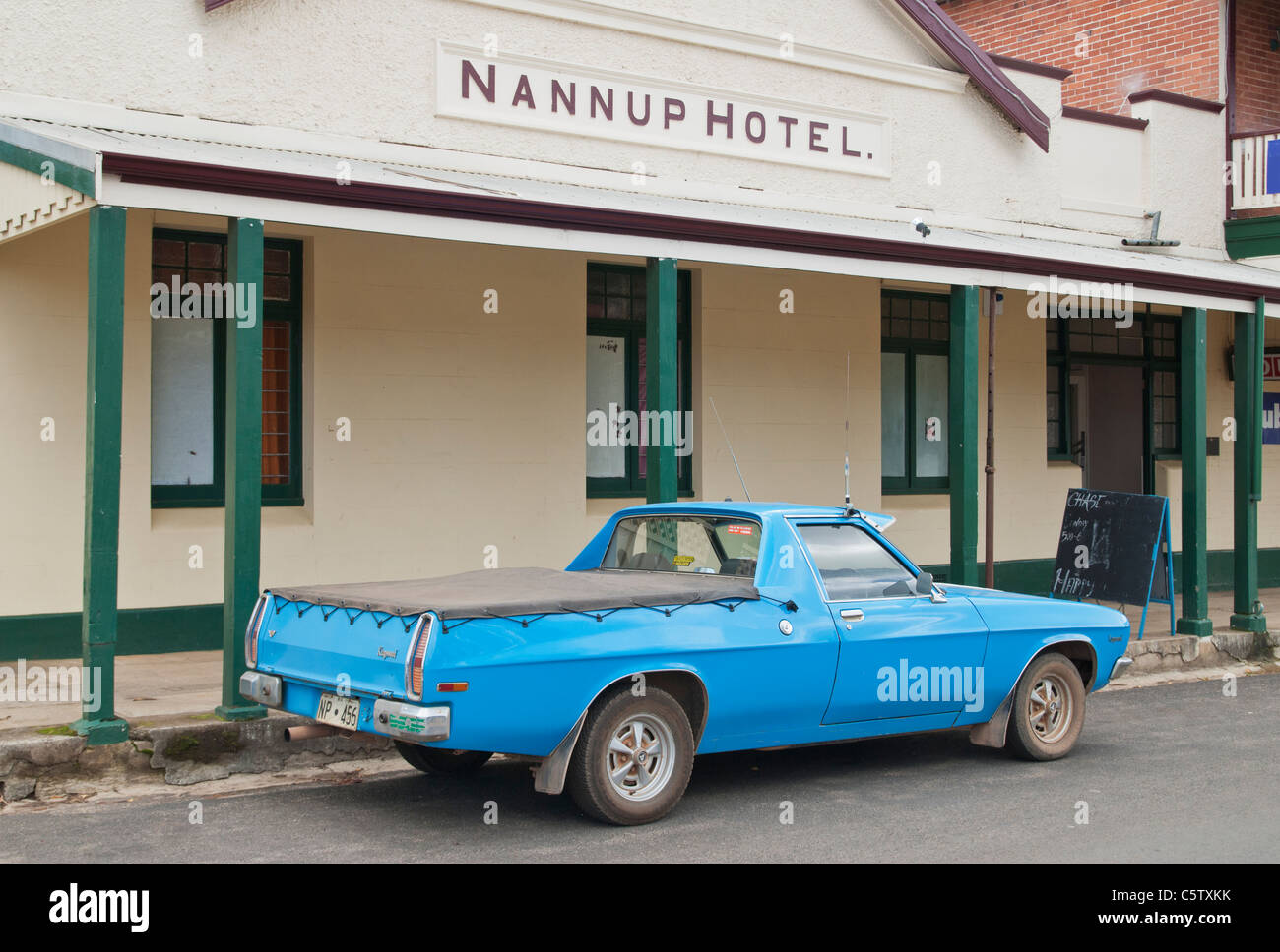Holden ute parked outside the Nannup Hotel, Nannup, Western Australia Stock Photo