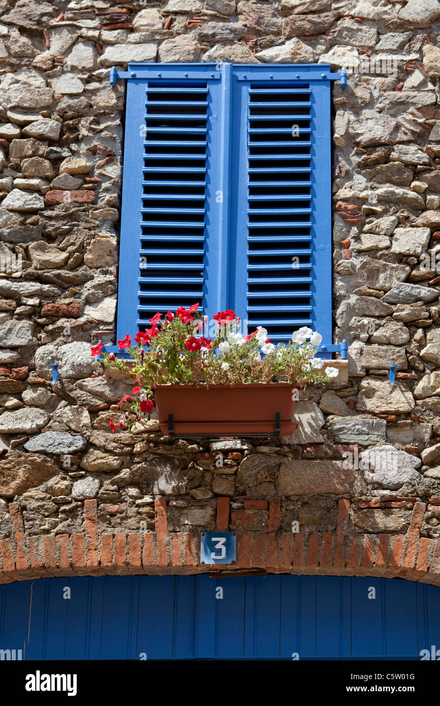 Grimaud, Var Cote d'Azur, France. Traditional provencal blue shutter Stock Photo