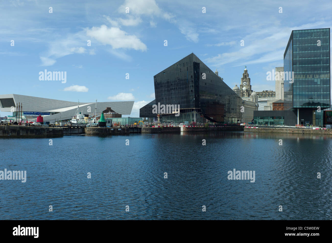 Mann Island Apartment building Museum of Liverpool & The Three Graces from Albert Dock Liverpool England Stock Photo