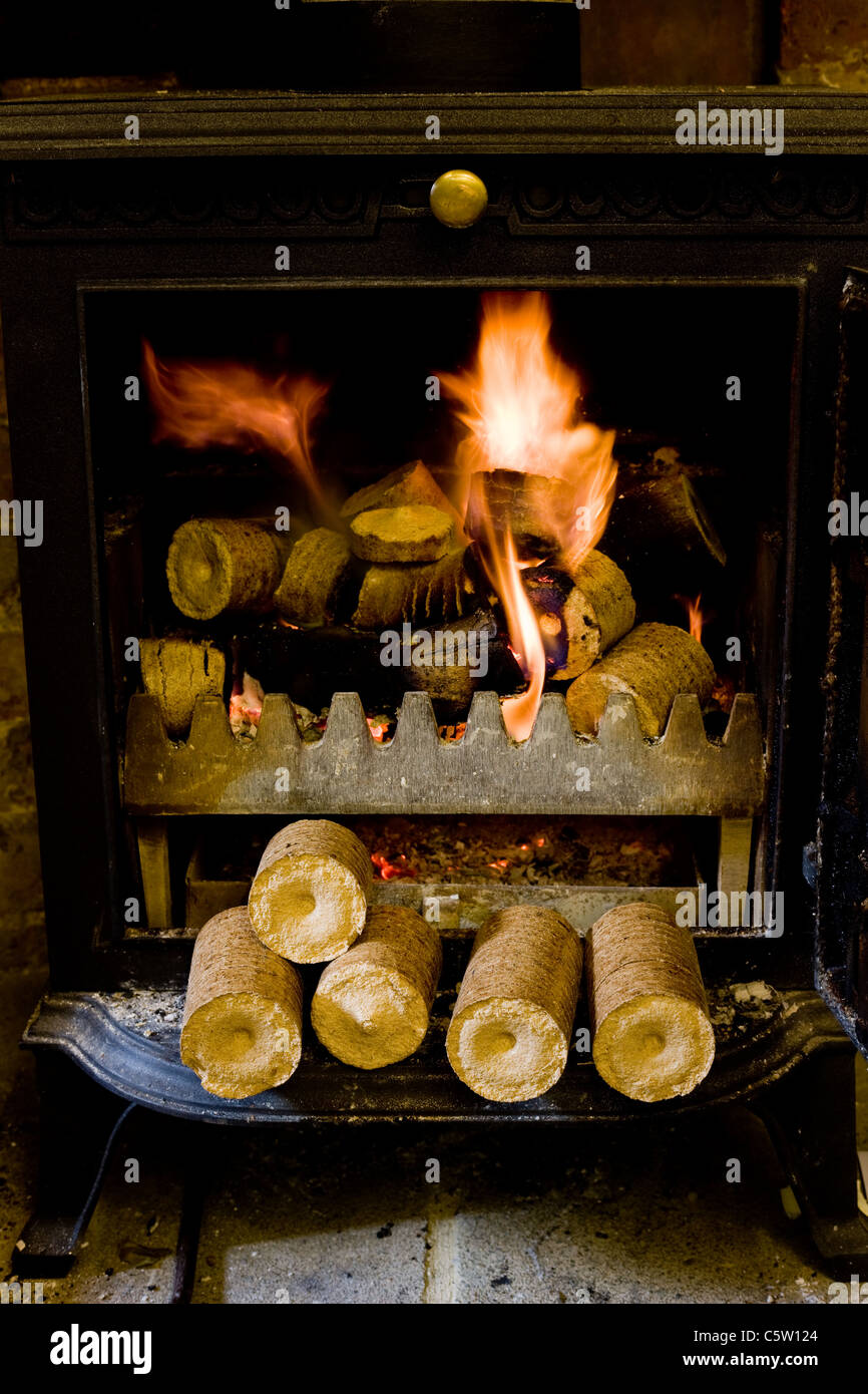 Compressed wood chip and sawdust pellets in a log basket, ready to power a household wood