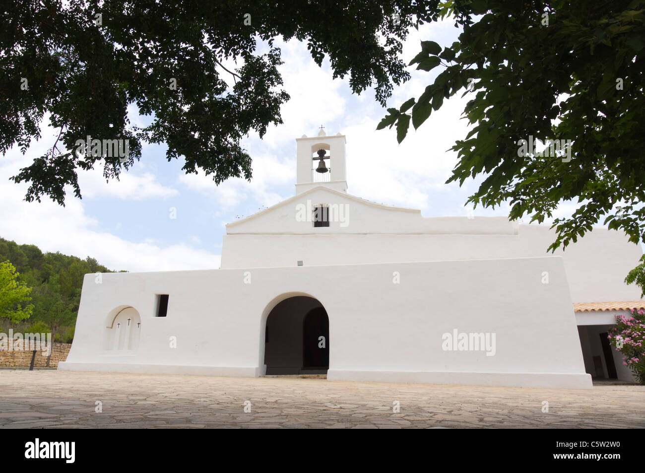Ibiza, Balearics, Spain - Sant Llorenc de Balafia. The white church. Stock Photo