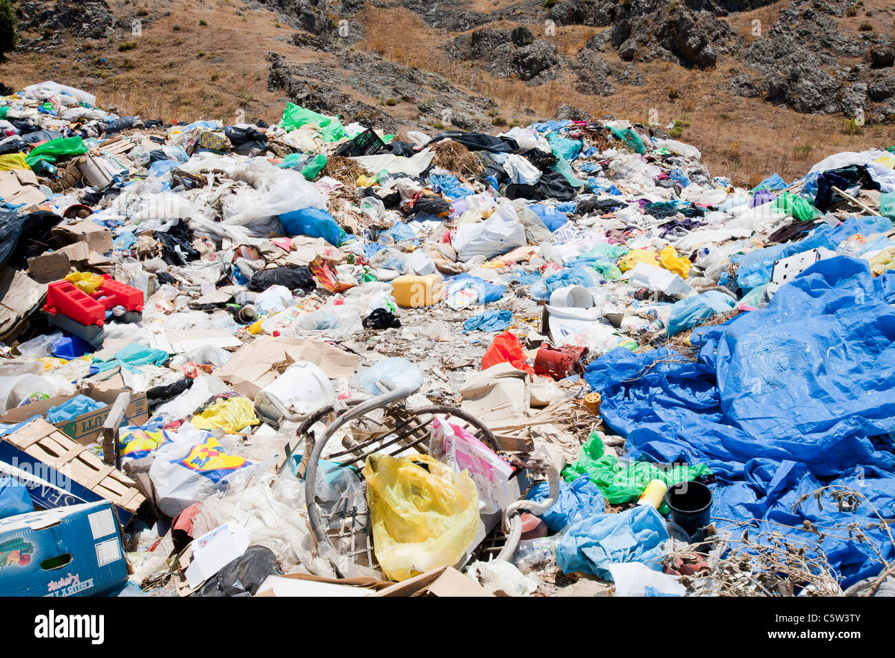 A landfill site in Eresos, Lesbos, Greece. As many islands, rubbish is