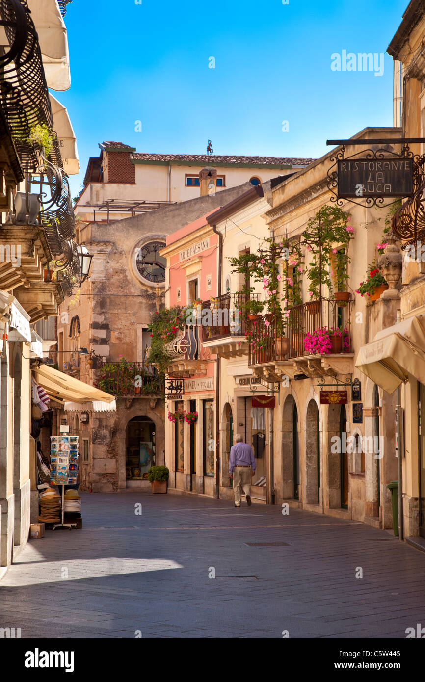 Early morning walk through Taormina, Messina Sicily Italy Stock Photo