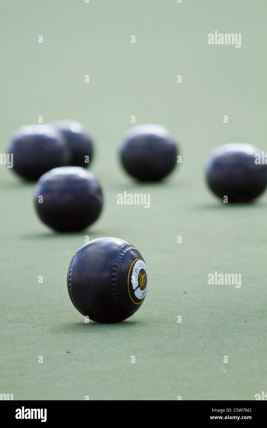 Spain, Denia, Close up of bowling balls on bowling green Stock Photo