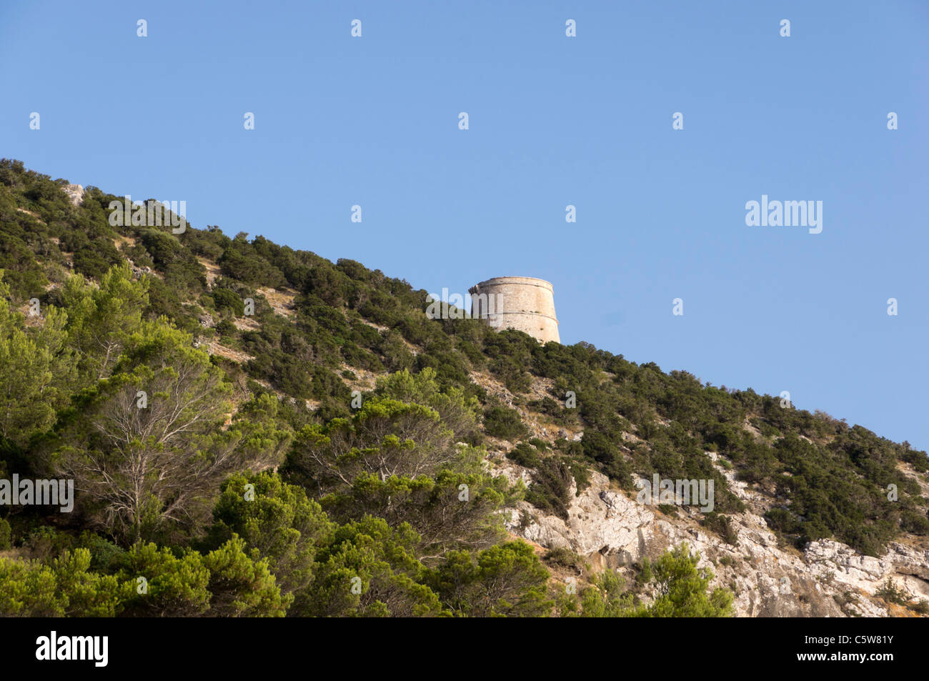Ibiza, Balearics, Spain - Torre des Savinar, Puig des Savinar, landmark tower. Stock Photo