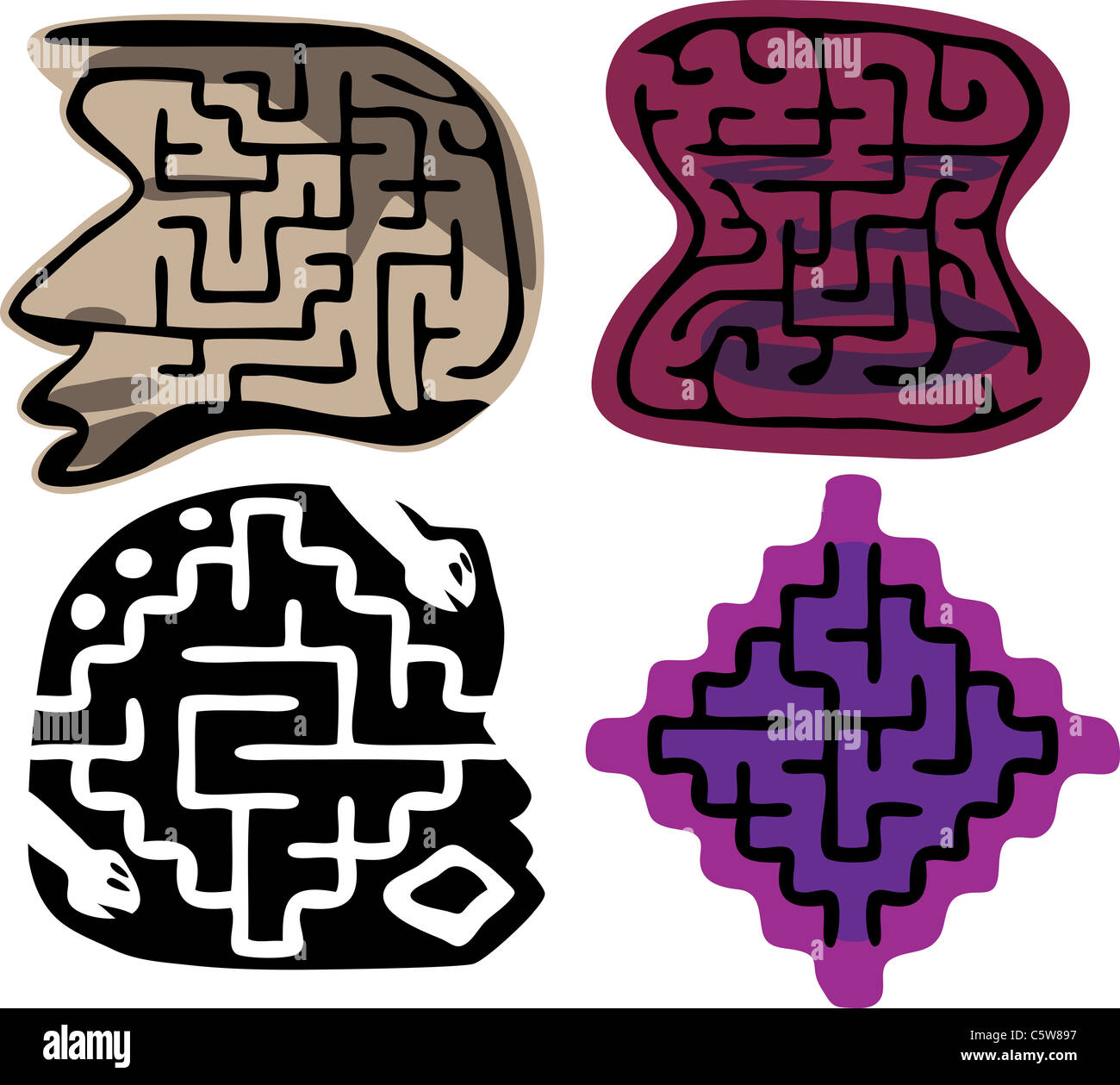 Set of four beginner-level mazes (ages 3-6) in layers. Shapes and details inspired from African and Native American sculptures. Stock Photo