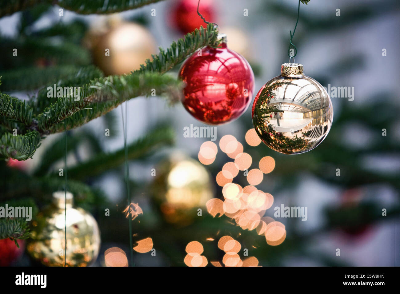 Christmas tree balls on christmas tree, close up Stock Photo