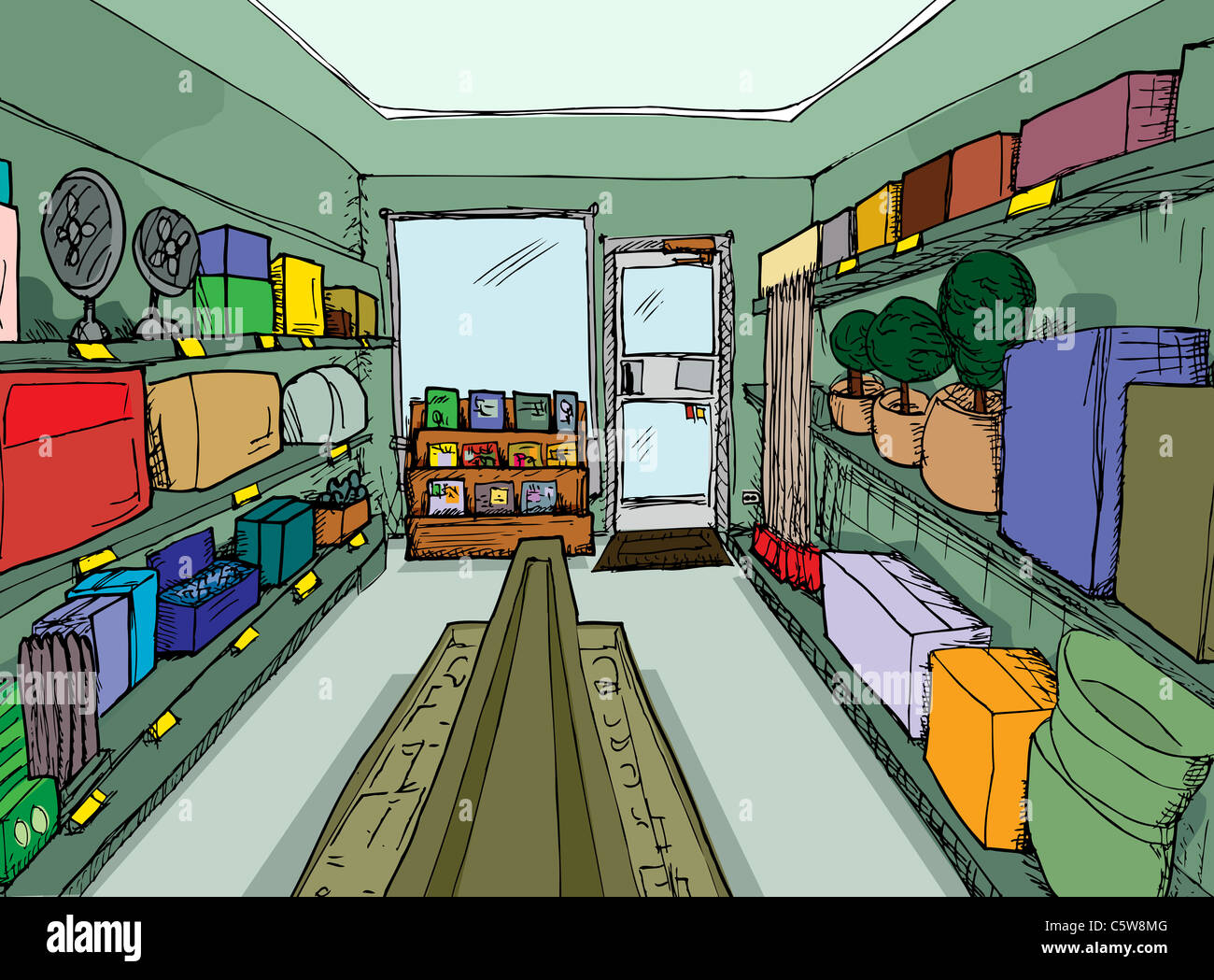 Small hardware store with unlabeled boxes and merchandise Stock Photo