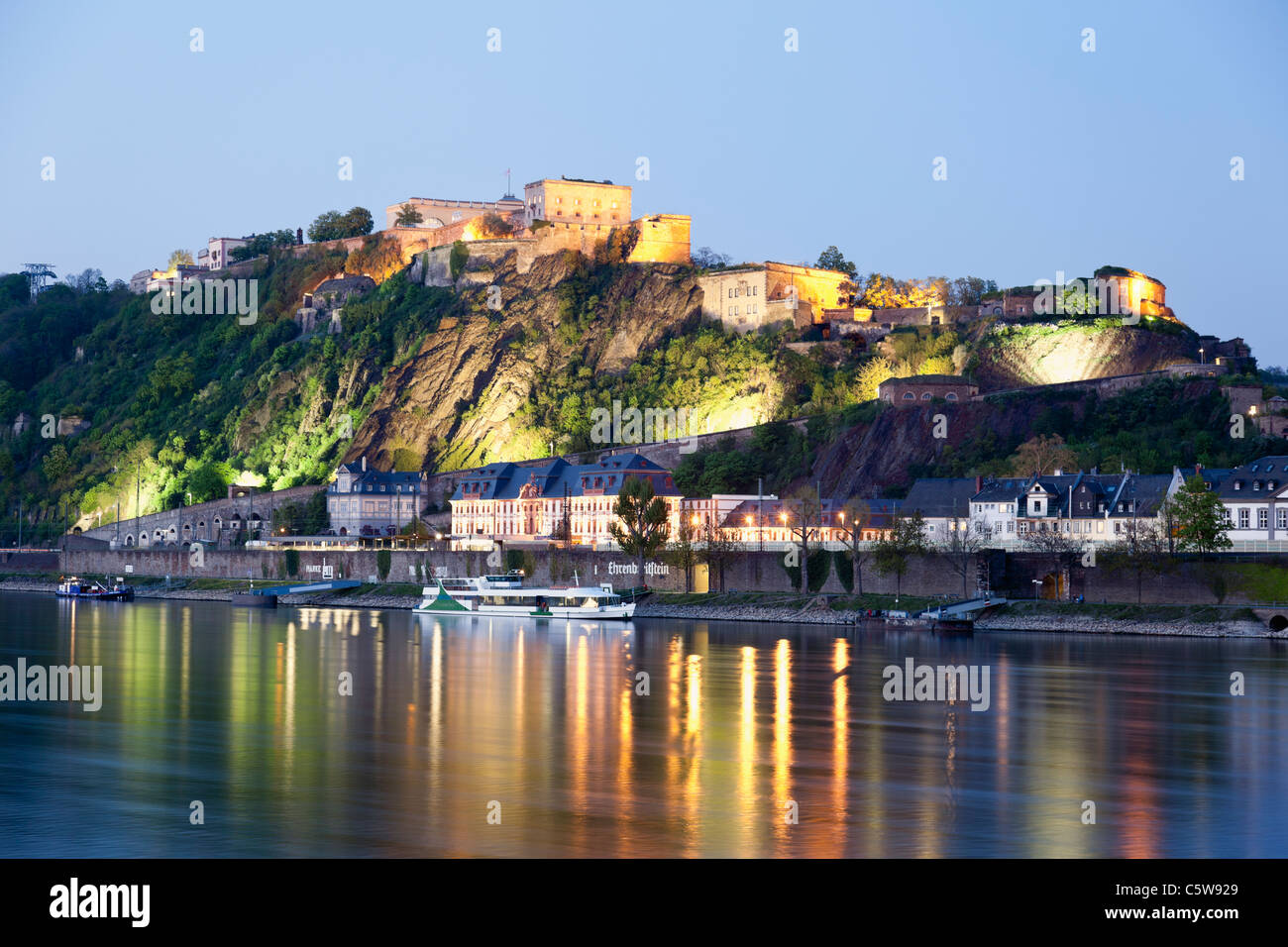 Koblenz, Germany. 30th Apr, 2020. Ehrenbreitstein Fortress, the largest  part of the major Koblenz fortress, is situated high above the Rhine with a  view of the city and the Deutsches Eck at