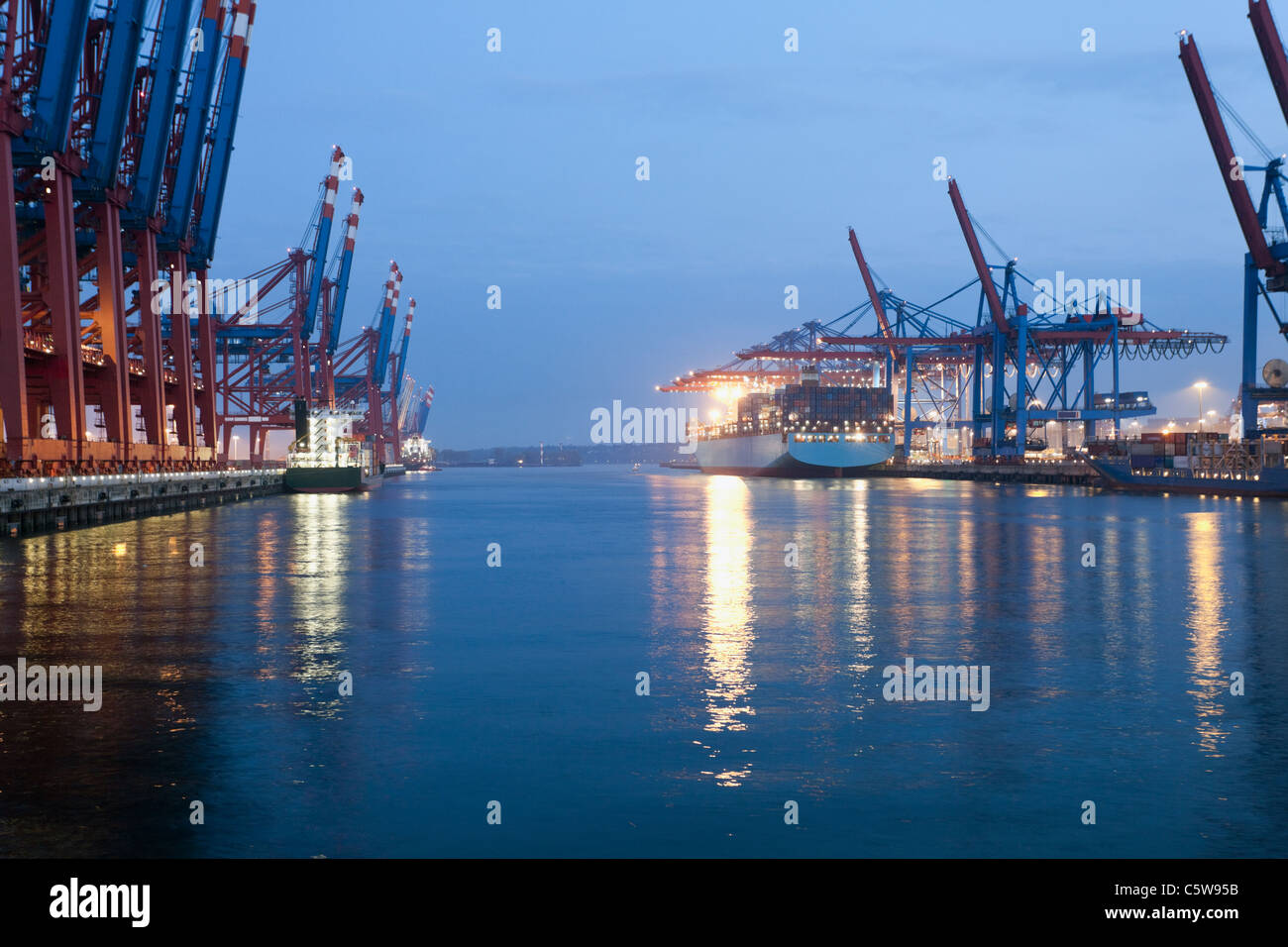 Germany, Hamburg, Burchardkai, View of container ship at harbour Stock Photo