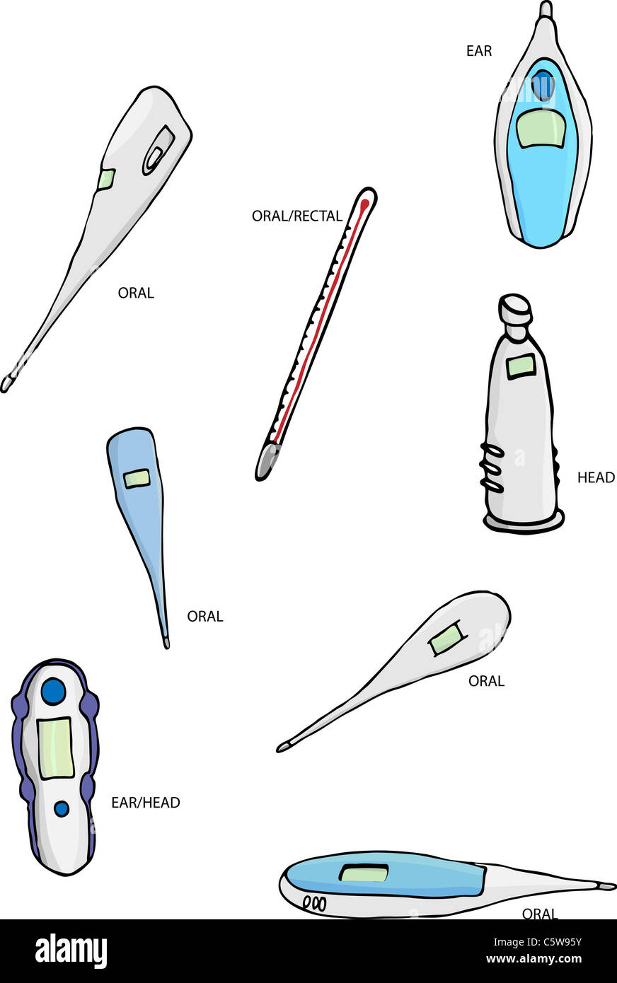 A set of 8 thermometer illustrations, both digital and traditional mercury types. Stock Photo