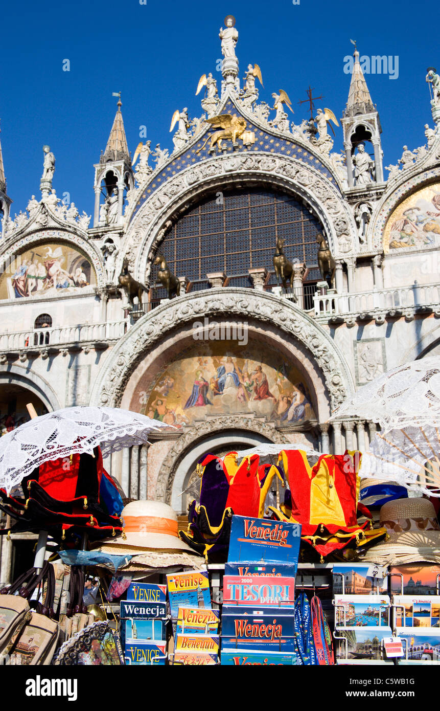 Italy, Venice, Basilica di San Marco, souvenir stall in foreground Stock Photo