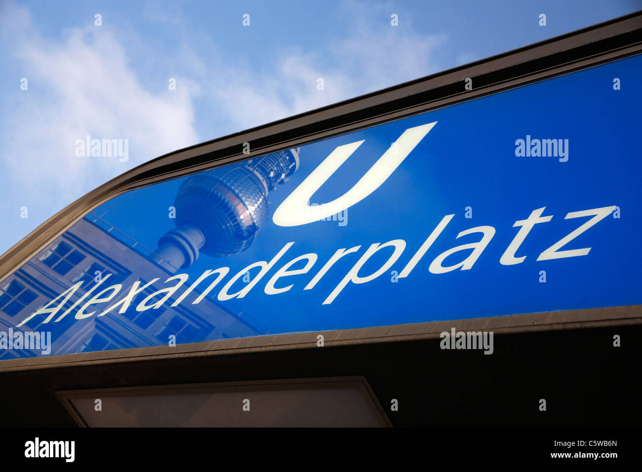 Germany, Berlin, Alexanderplatz, Underground sign, TV tower reflection, close-up Stock Photo