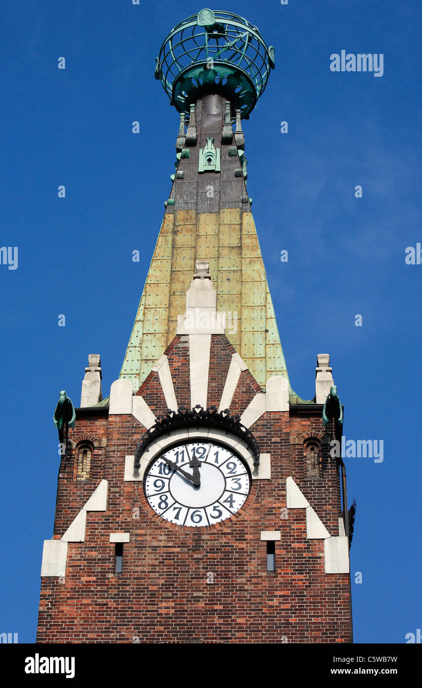 Poland, Cracow, Pyramidal Clock tower and globe of Globe House Stock Photo